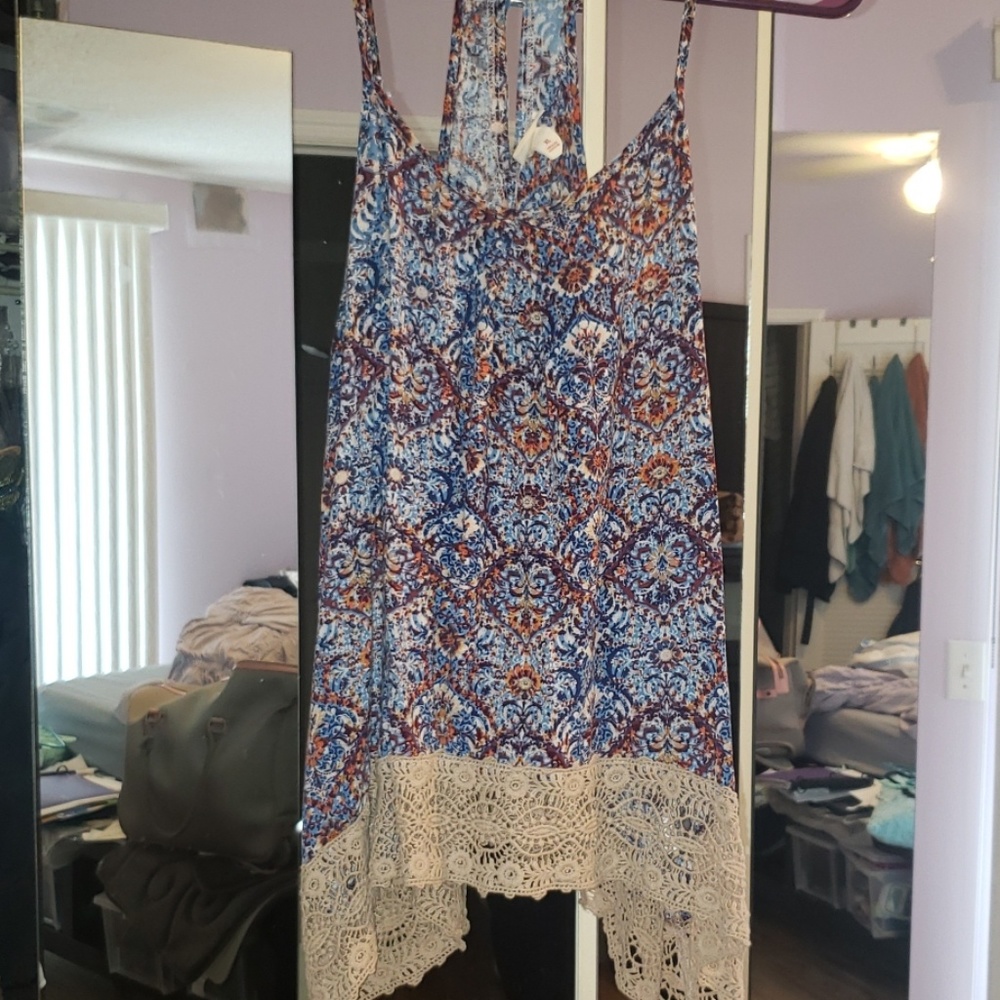 Mossimo Blue Print Tank Top, Crochet Trim